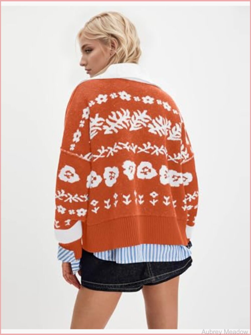 Floral Print Button Down Cardigan Sweater Long Sleeve V Neck Crop Top - Picture 3 of 7